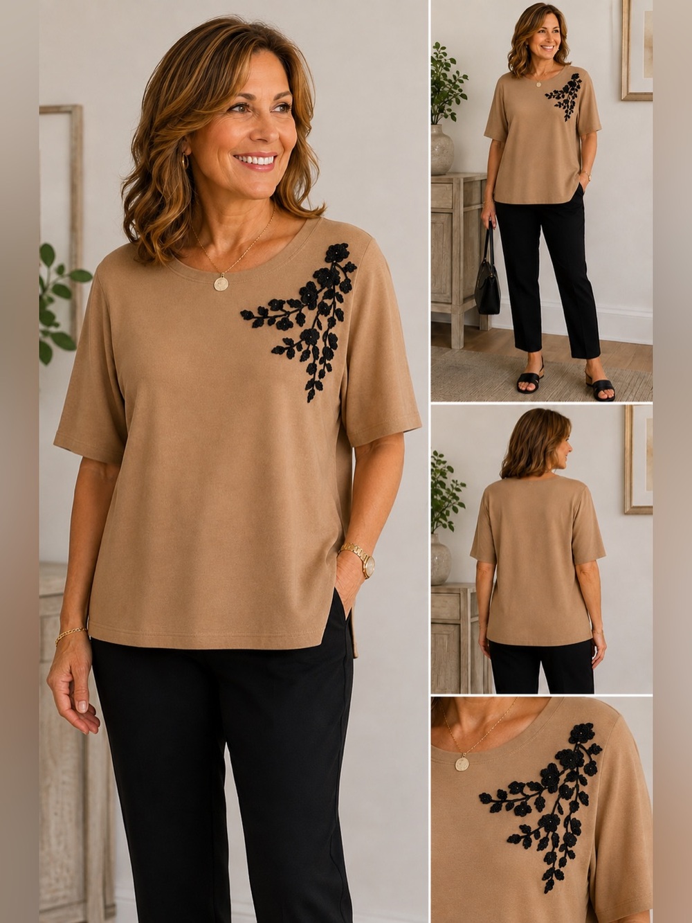 Chico’s Pima Cotton Embellished Floral Beaded Short Sleeve Top Tan Size 3 XL